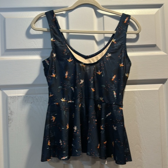 Lime Ricki Navy Blue Tropical Birds Floral Peplum Ruffle Tankini Swimsuit Top L - Picture 6 of 7